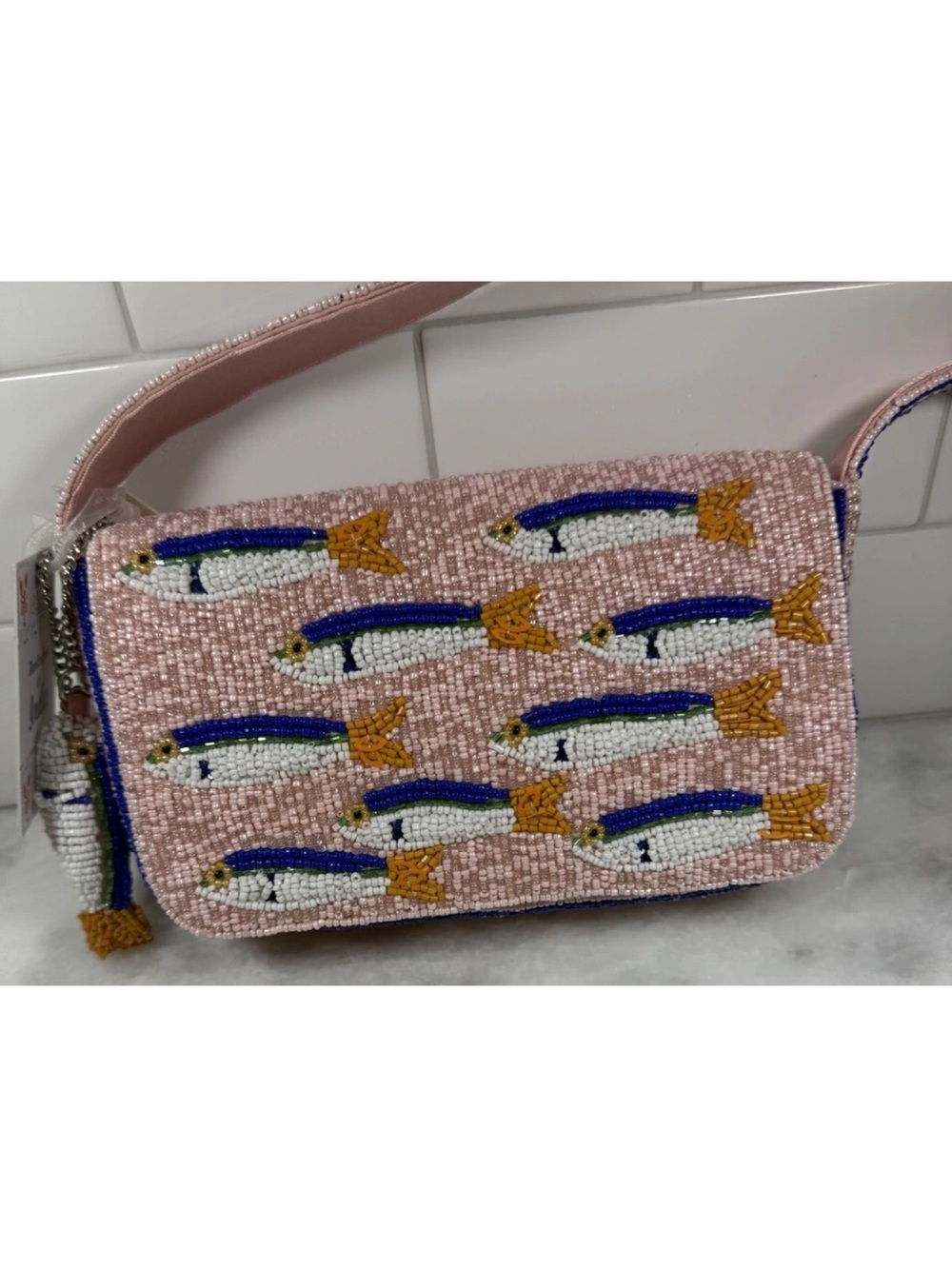 TikTok Viral Beaded Pink Sardine Fish Ocean Shoulder Bag Handmade In India NWT